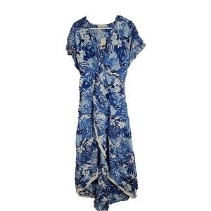 America & Beyond Blue Lace Maxi Dress Lightweight High Low Hem Medium NWT